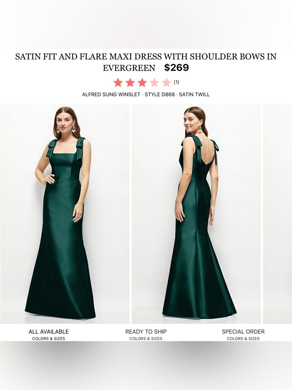 ALFRED SUNG Emerald Green Satin-Twill Maxi Dress with Shoulder Ties